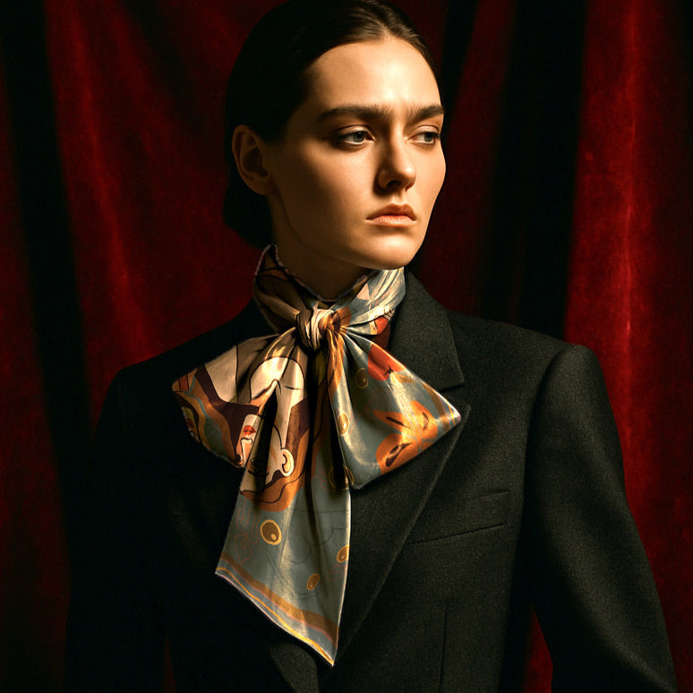 Woman wearing a patterned luxury art silk twill scarf against a red curtain backdrop