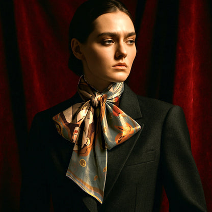 Woman wearing a patterned luxury art silk twill scarf against a red curtain backdrop