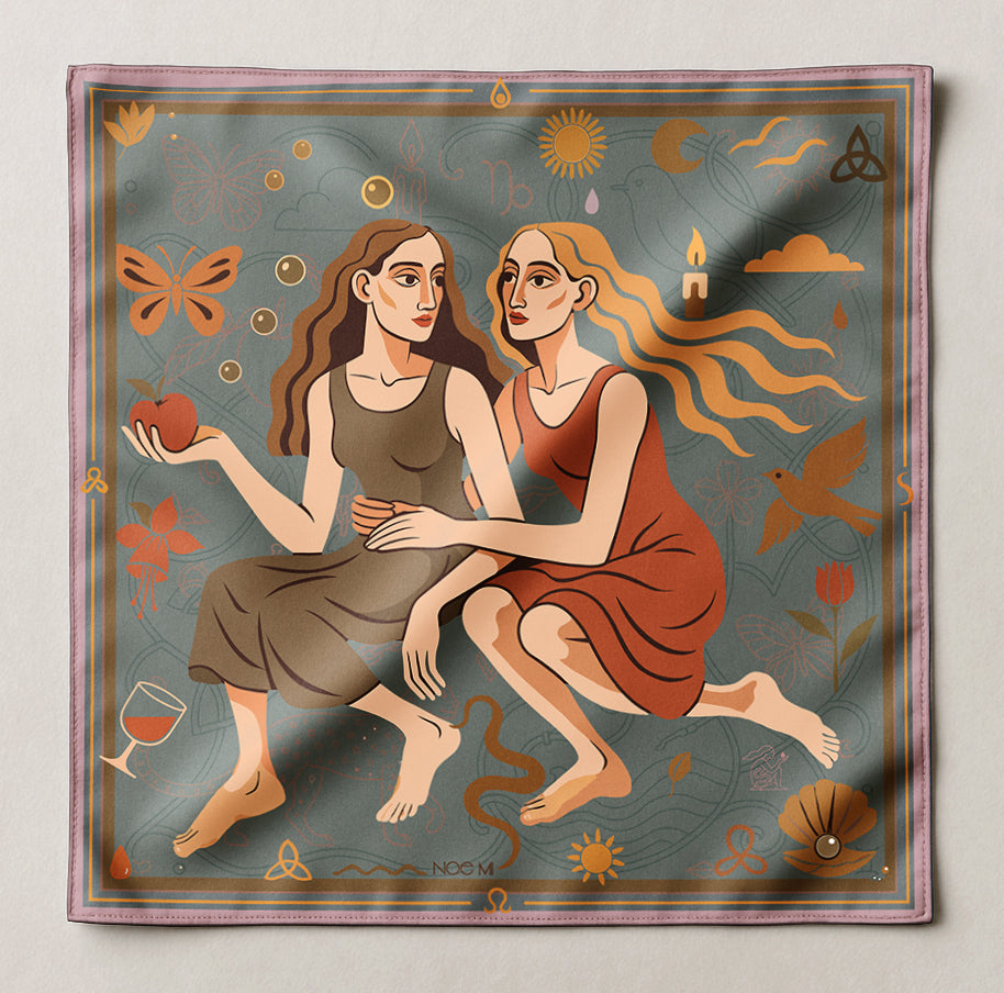 Decorative luxury art silk twill scarf with an illustration of two women sitting together, surrounded by nature elements.