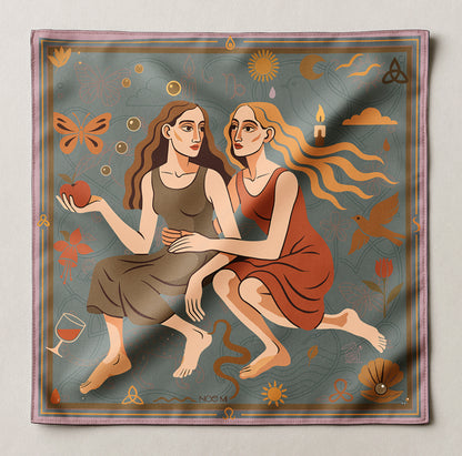 Decorative luxury art silk twill scarf with an illustration of two women sitting together, surrounded by nature elements.