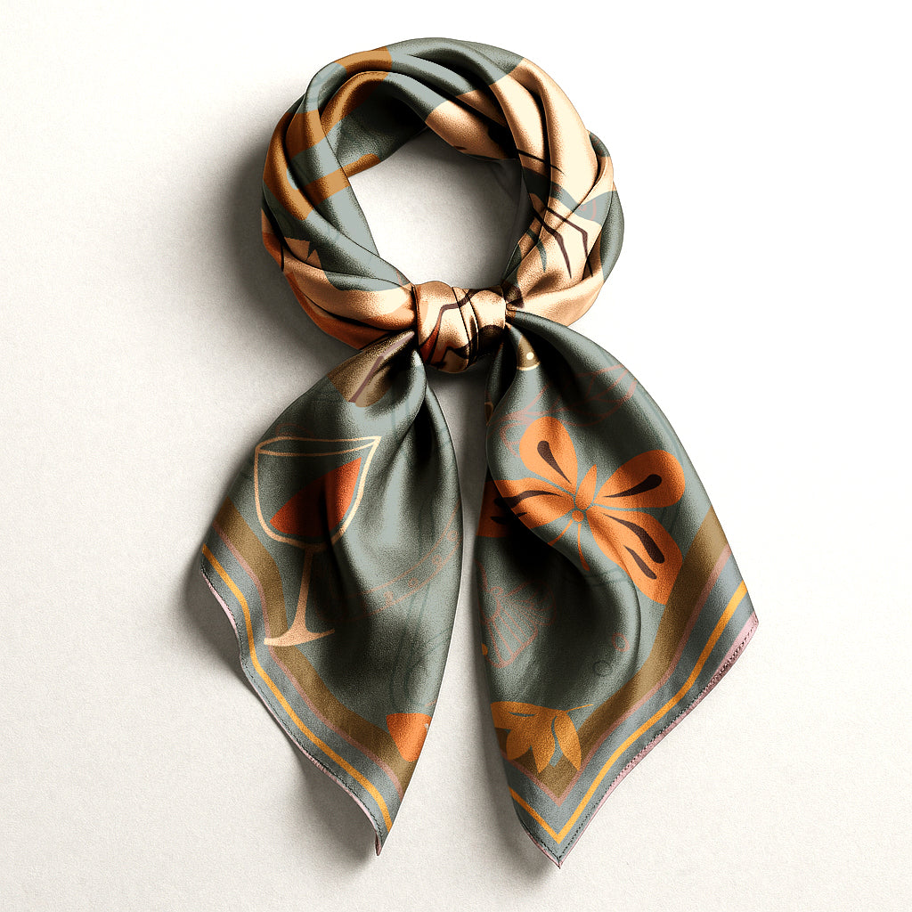 Decorative luxury art silk twill scarf with floral patterns on a light background