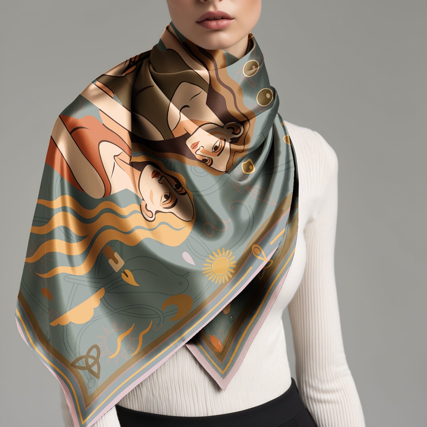 A women wearing a decorative luxury art silk twill scarf with artistic design on a plain background