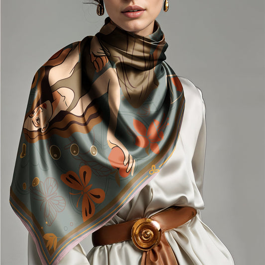 A women wearing a decorative luxury art silk twill scarf with artistic design on a plain background