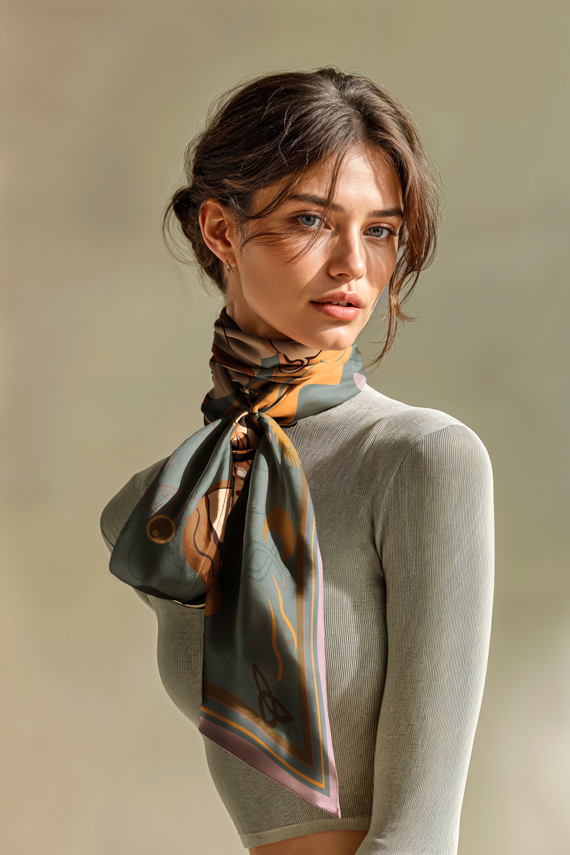 Woman wearing an artistic patterned silk twill scarf by NOEMI