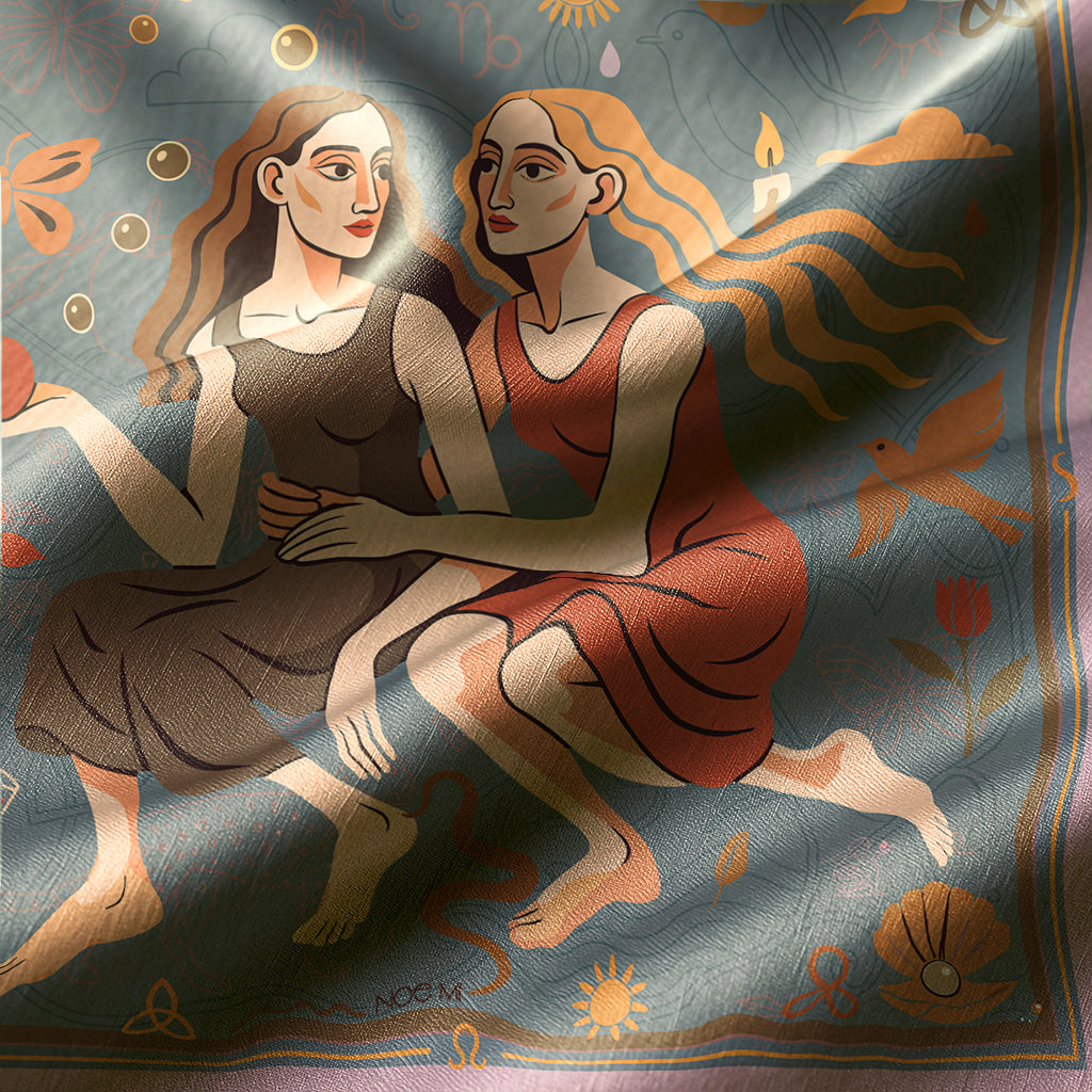 A luxury art silk twill scarf of Two women sitting together with a decorative background featuring celestial elements.