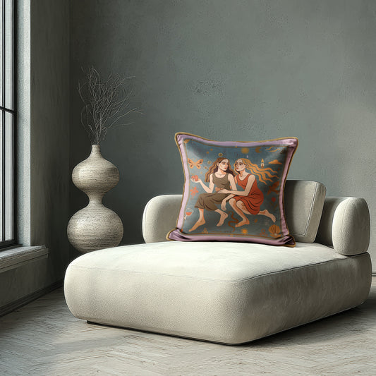 Plush velvet art cushion with symbolic and figurative illustration – home décor Canada, by NOE MI