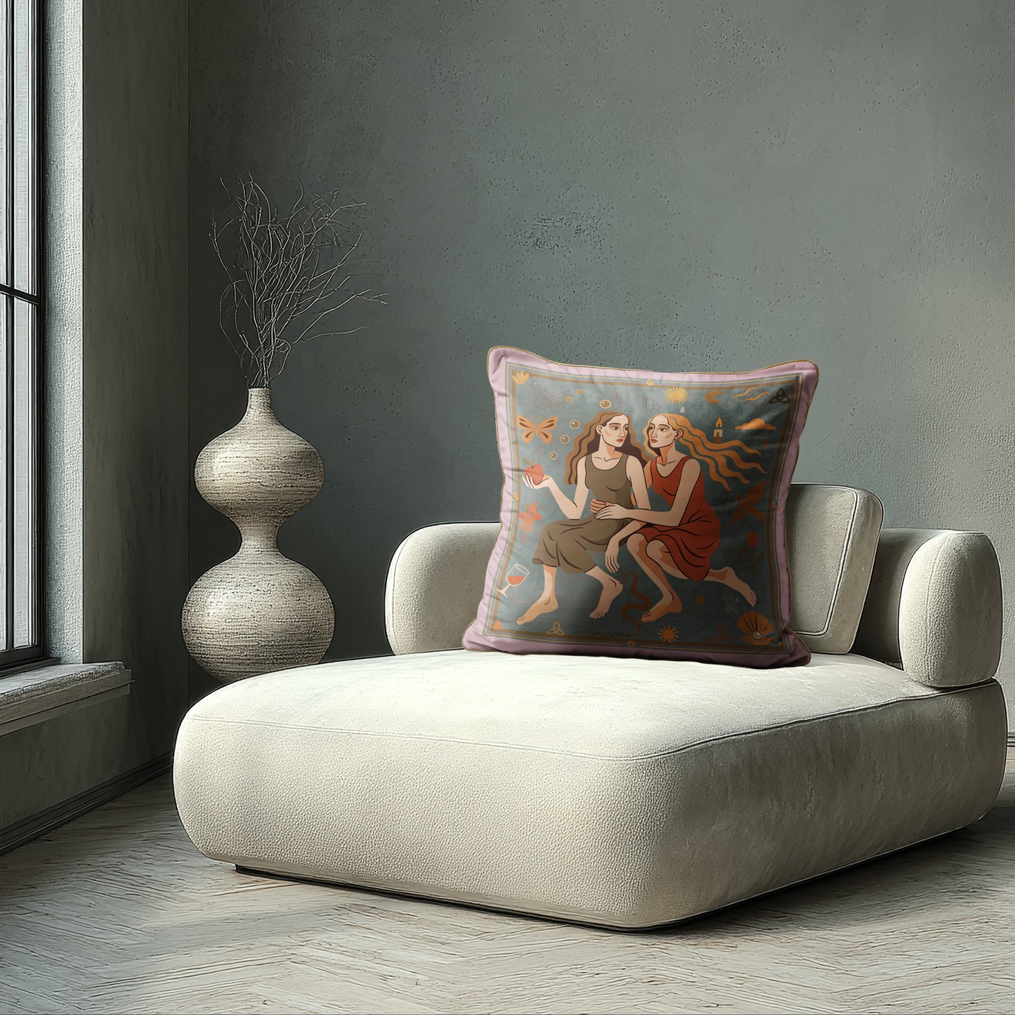 Velvet art cushion with symbolic and figurative illustration – home décor Canada, by NOE MI
