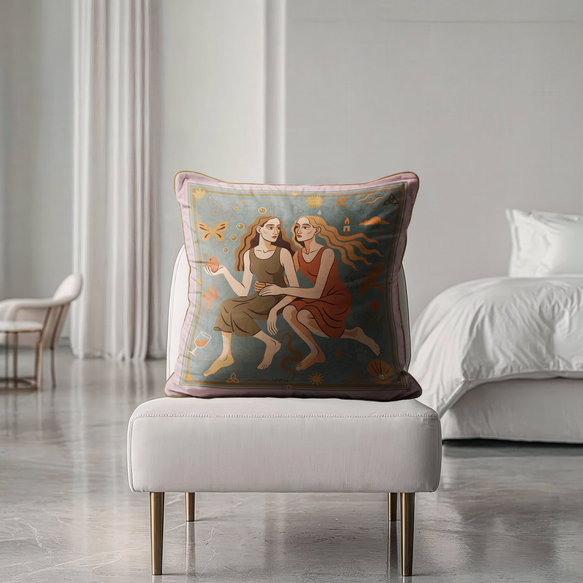 Collectible art pillow with feminine storytelling and nature motifs, decorative cushion Europe by NOE MI