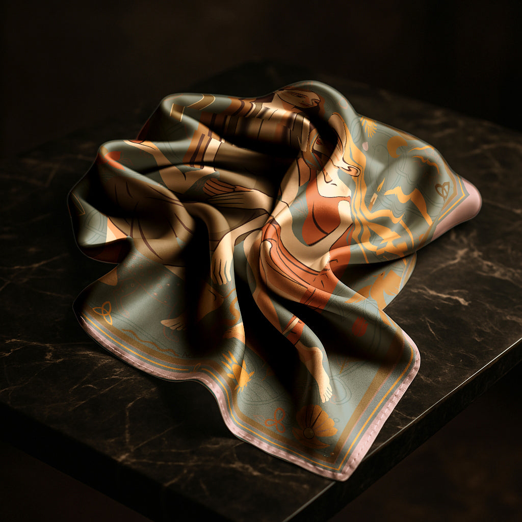 Decorative luxury art silk twill scarf with intricate patterns on a dark surface