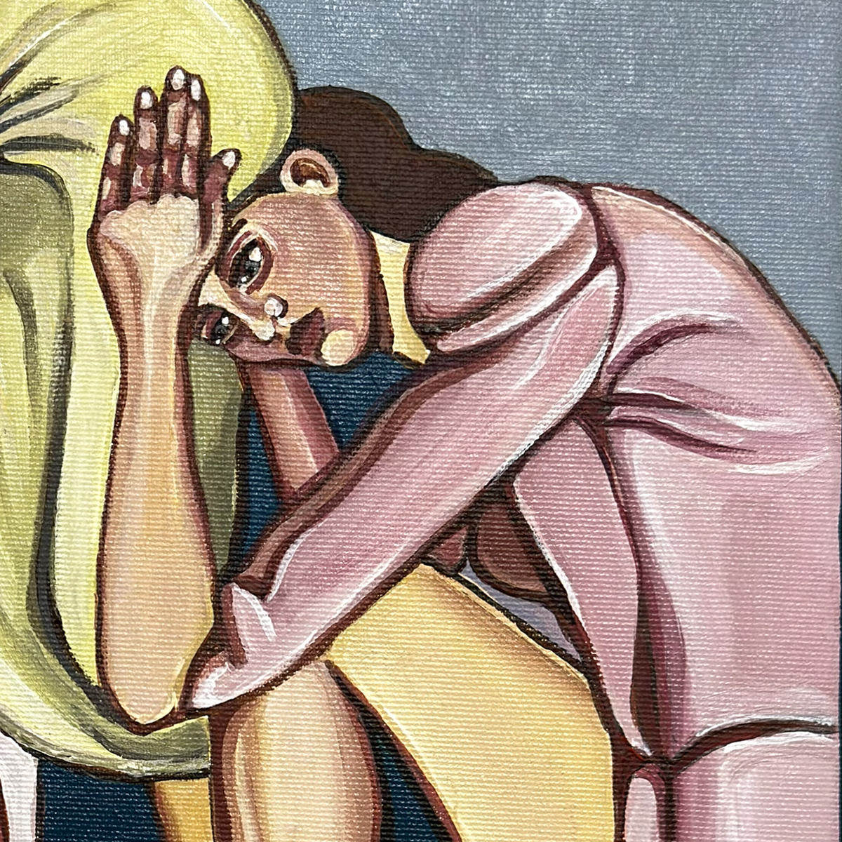 Contemporary female figurative artwork by Noemi Safir showing a woman whose head seems to disappear into a domestic table.