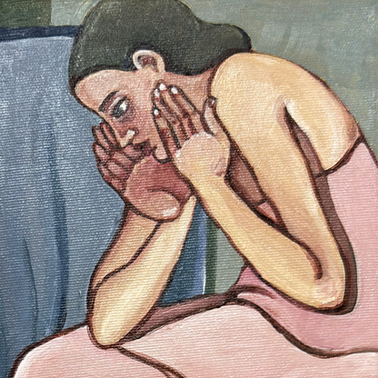 Contemporary female figurative artwork by Noemi Safir showing one woman bending beneath a table to observe another.