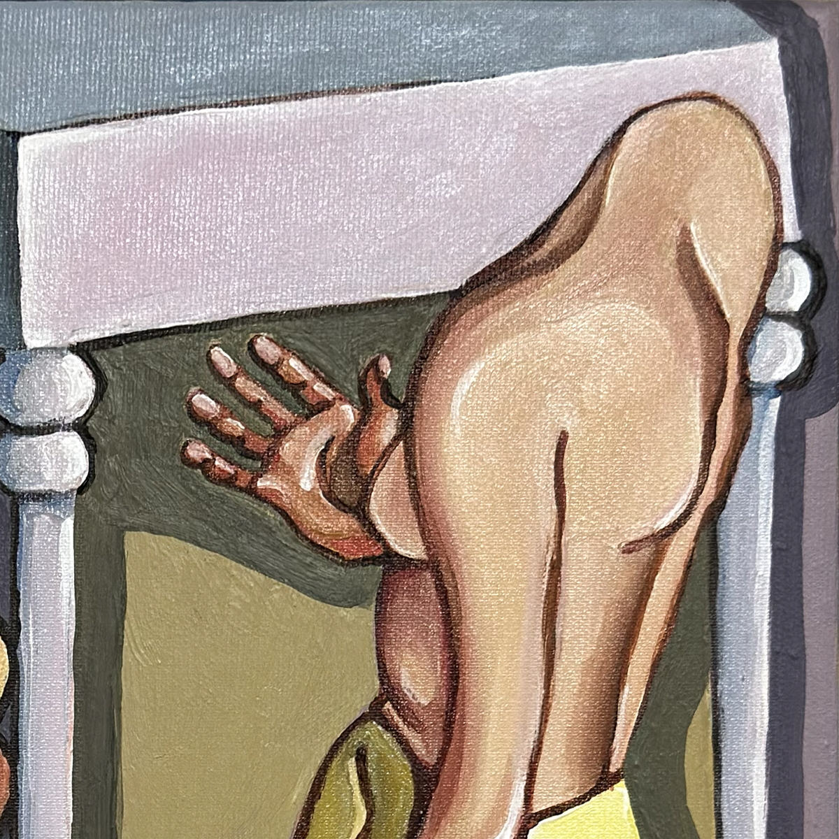 Contemporary female figurative artwork by Noemi Safir showing one woman compressed above a table and another beneath it.
