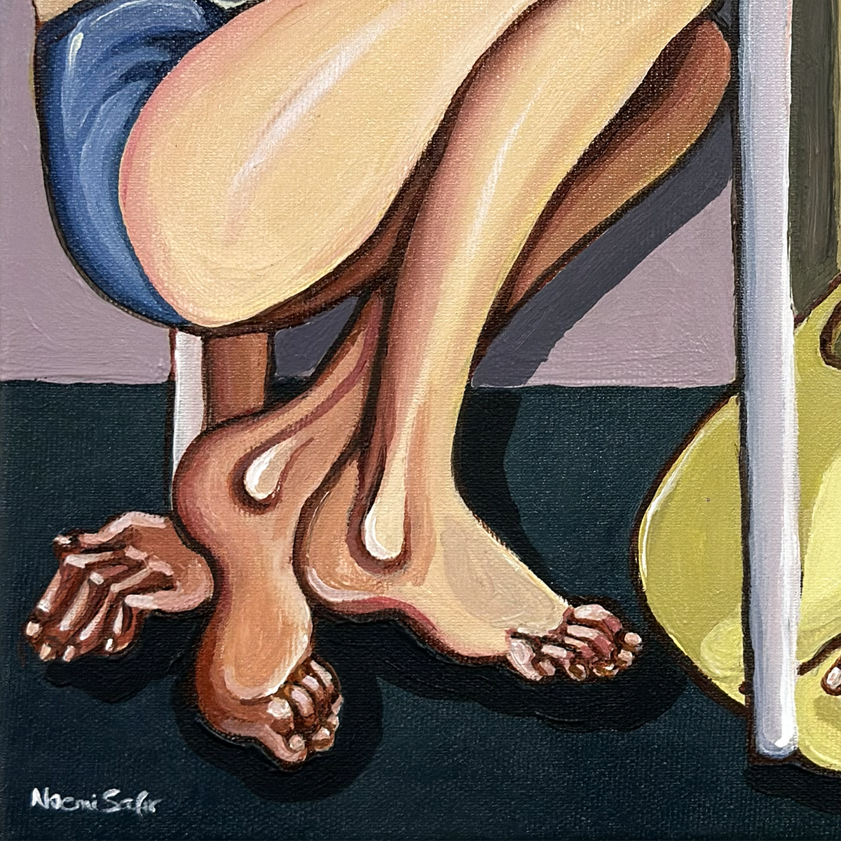 How Much Room Do You Need? is a symbolic figurative painting about adjusting the body to the space left by someone else.
