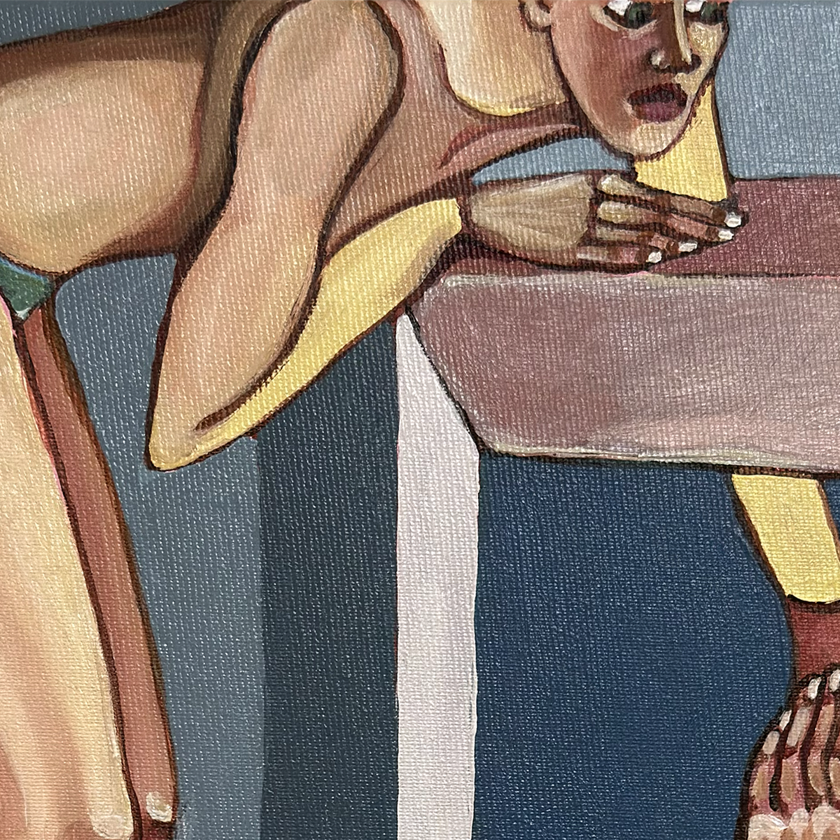 Original acrylic painting by Noemi Safir using the table as a symbolic structure of power, closeness and emotional restriction.