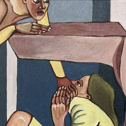 Contemporary female figurative artwork by Noemi Safir showing one woman above a table and another compressed beneath it.