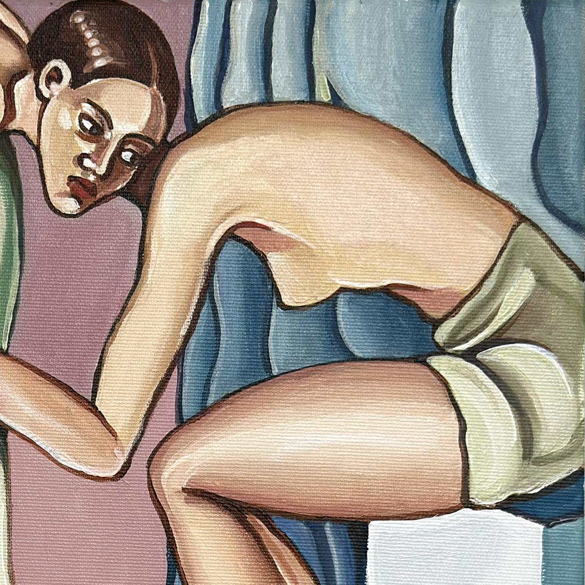 Contemporary female figurative artwork by Noemi Safir exploring emotional memory through elongated bodies and physical closeness.