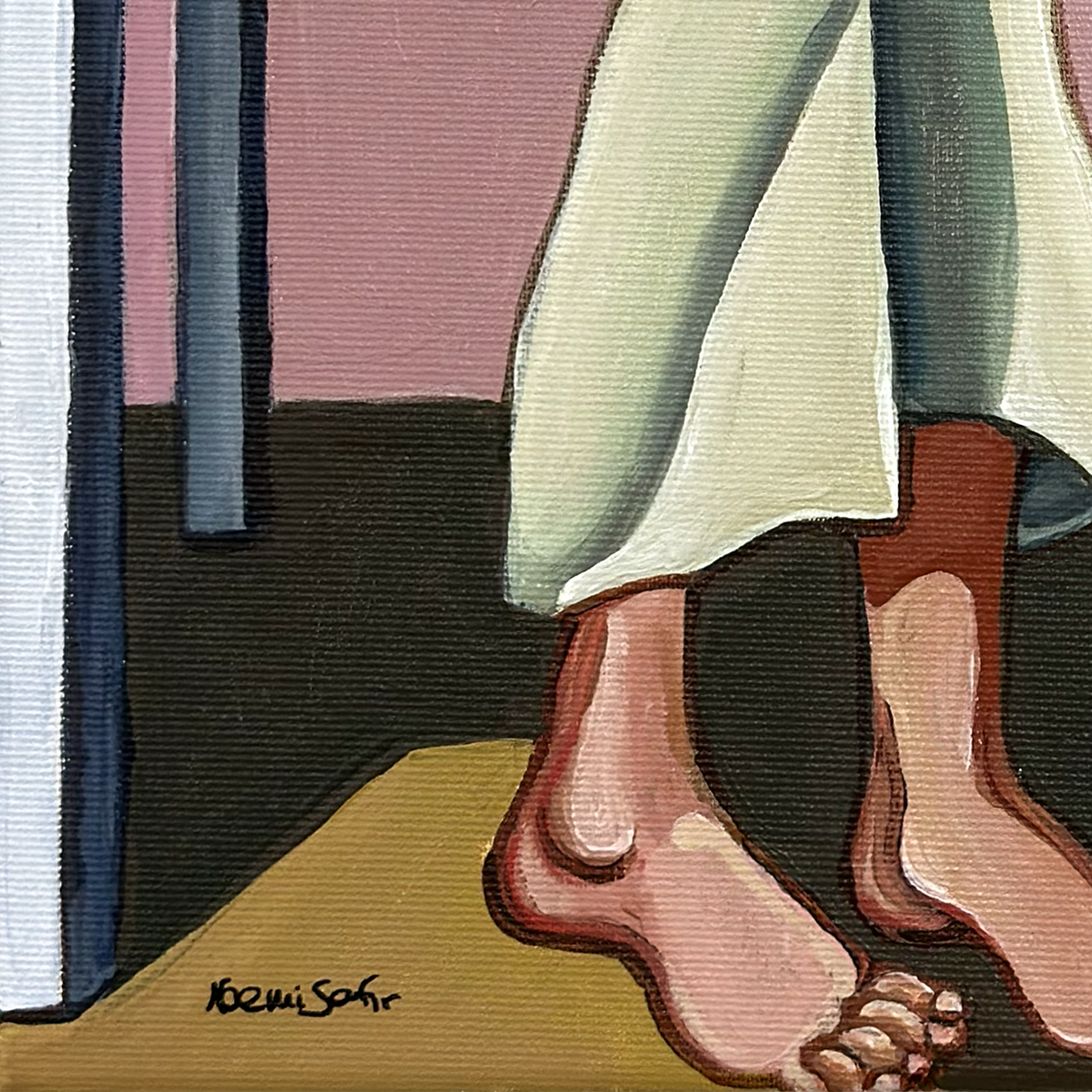 Original acrylic painting by Noemi Safir showing one woman bending beneath the presence and weight of another.