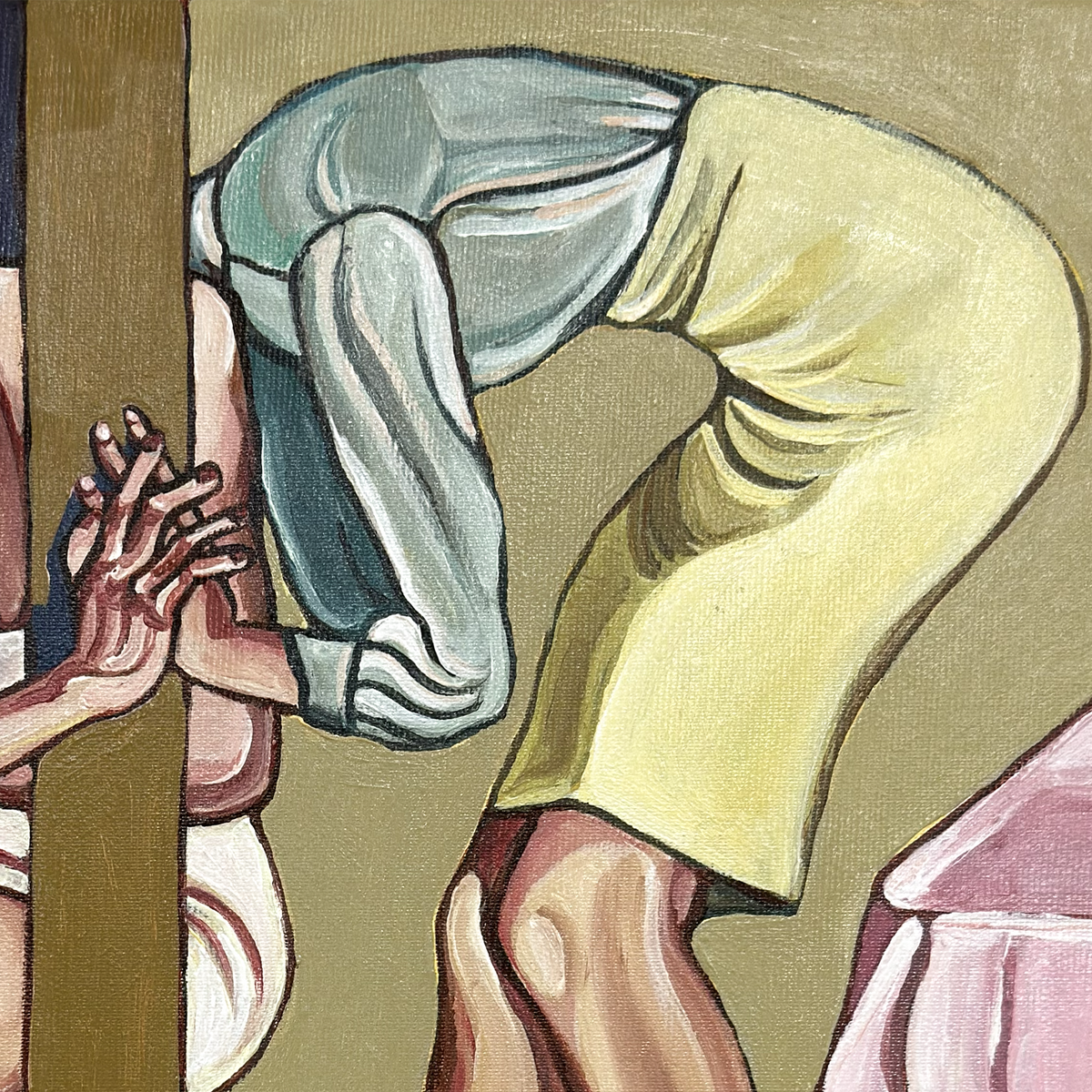Contemporary female figurative artwork by Noemi Safir showing one woman bending around a barrier to maintain physical contact.