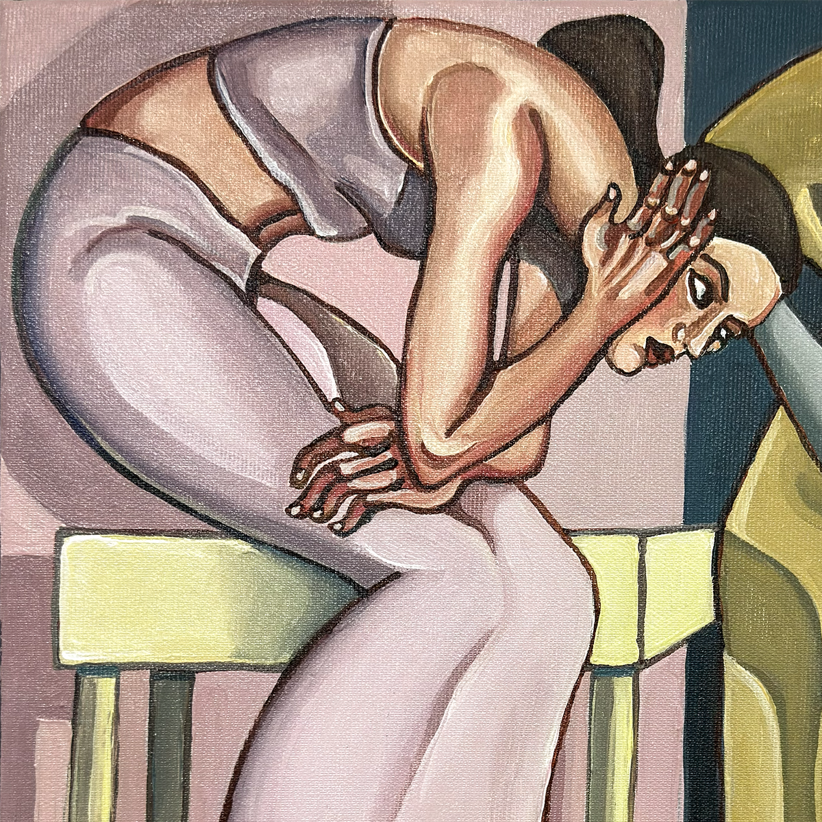 Figurative painting by Noemi Safir showing two women in an intensely close physical and emotional exchange.