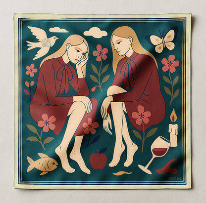 A NOE MI luxury art silk twill scarf of two women sitting together with flowers and objects around them on a teal background.