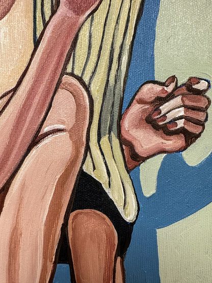 Highly collectible original painting Hold Me by Noemi Safir, exploring women, emotional figurative art, feminine connection and contemporary symbolic painting.