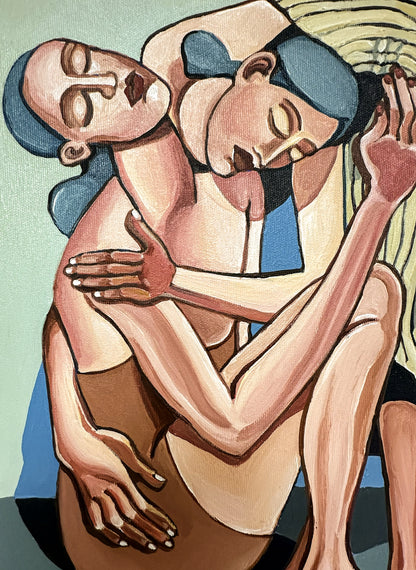 Noemi Safir original painting Hold Me, 40 × 30 cm, created in 2026 as part of Drama Looks Good on Us with two female figures and intimate body language.