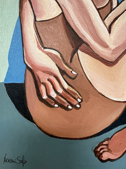 Contemporary figurative art by Israeli artist Noemi Safir titled Hold Me, created for collectors drawn to women in art, emotional storytelling and beauty with meaning.