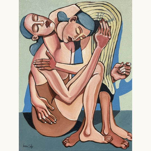 Noemi Safir Hold Me original acrylic painting on canvas, a highly collectible contemporary figurative artwork about women, intimacy, dependency, care and beauty with meaning.