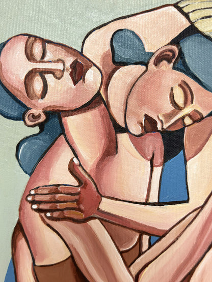 Noemi Safir contemporary figurative painting Hold Me, showing two elongated female figures wrapped together in a scene of closeness, care and emotional weight.