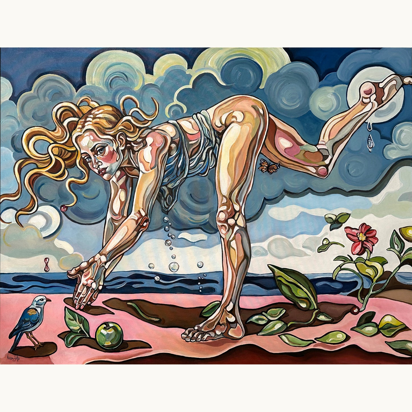 Original painting A Fragile Balance by Noemi Safir, acrylic on canvas with a suspended female figure in a surreal blue sky landscape