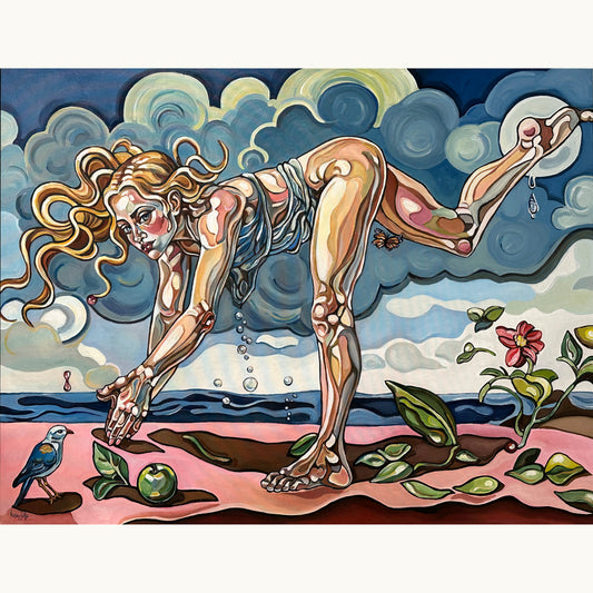 Original painting A Fragile Balance by Noemi Safir, acrylic on canvas with a suspended female figure in a surreal blue sky landscape