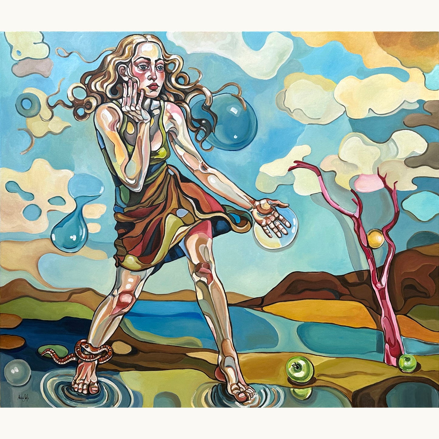 Original painting After Eden by Noemi Safir, acrylic on canvas with a female figure in a surreal symbolic landscape with clouds and water