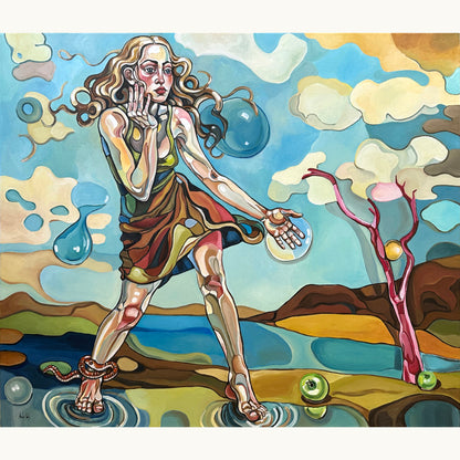 Original painting After Eden by Noemi Safir, acrylic on canvas with a female figure in a surreal symbolic landscape with clouds and water