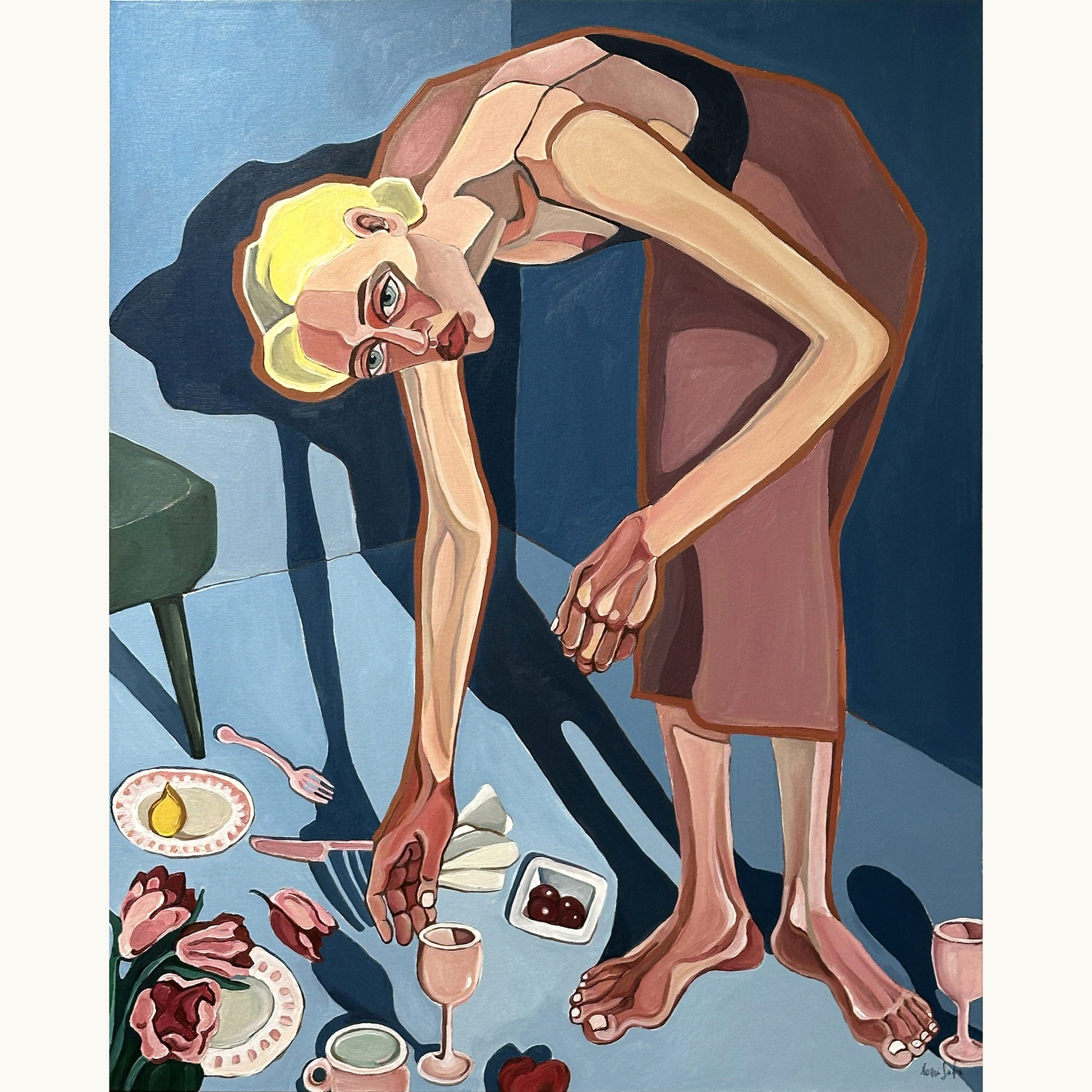 Noemi Safir After Everyone Left original acrylic painting on canvas, a highly collectible contemporary figurative artwork about women, emotional exhaustion, care and beauty with meaning.