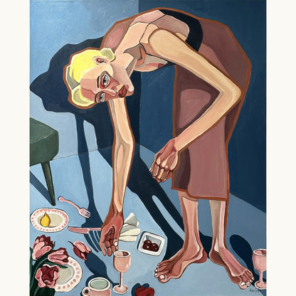 Noemi Safir After Everyone Left original acrylic painting on canvas, a highly collectible contemporary figurative artwork about women, emotional exhaustion, care and beauty with meaning.