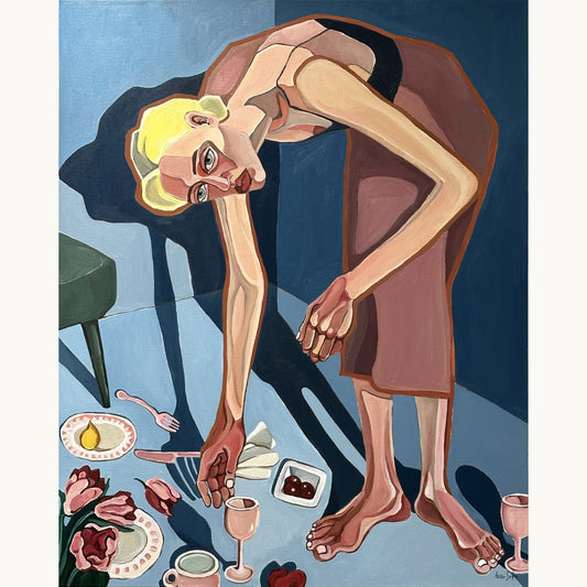 Noemi Safir After Everyone Left original acrylic painting on canvas, a highly collectible contemporary figurative artwork about women, emotional exhaustion, care and beauty with meaning.