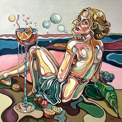 Original painting As I Am by Noemi Safir, acrylic on canvas with a reclining blonde female figure in a surreal contemporary landscape