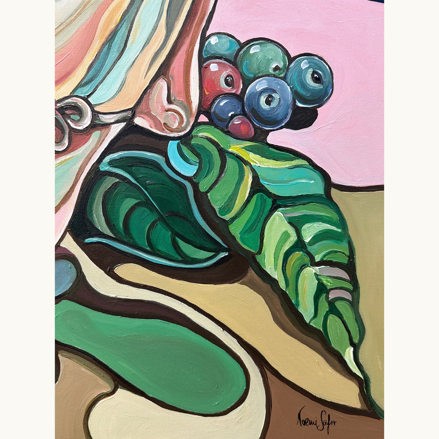 Contemporary fine art painting by Noemi Safir showing a reclining woman in a symbolic landscape with berries, leaves, and expressive painted forms