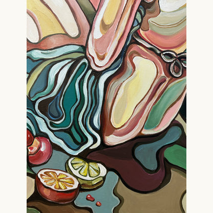 One of a kind acrylic painting by Noemi Safir featuring a blonde female figure, flowing drapery, floating bubbles, and contemporary surreal atmosphere