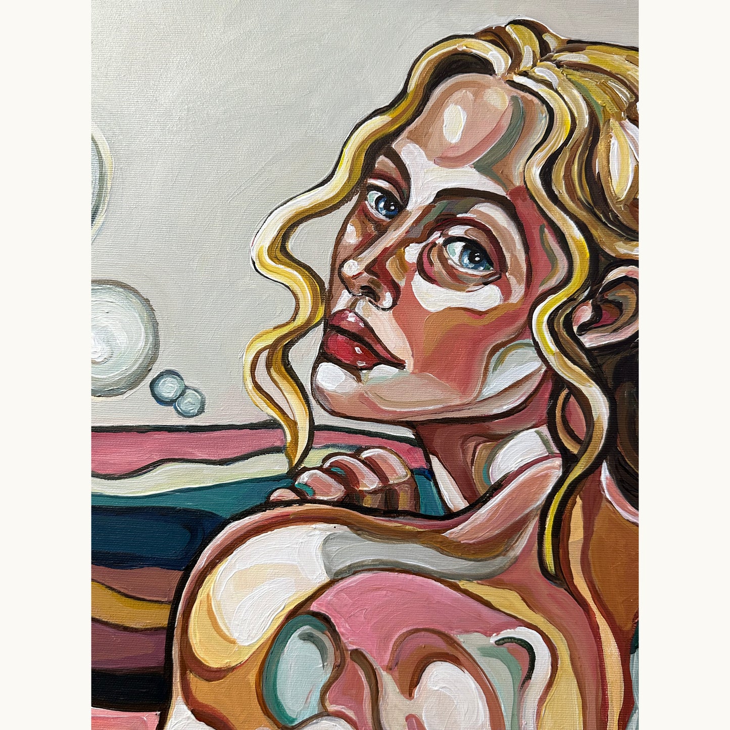 Original acrylic on canvas painting by Noemi Safir with a sensual female portrait, fruit details, tropical leaves, and expressive contour forms