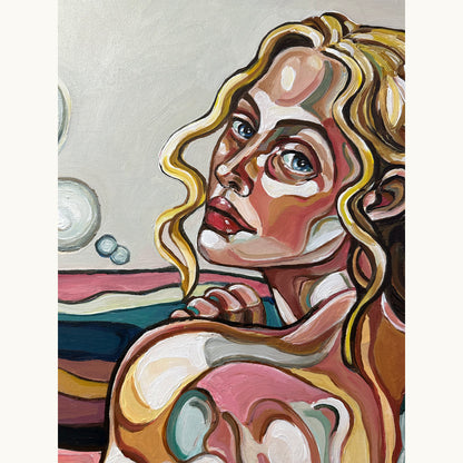 Original acrylic on canvas painting by Noemi Safir with a sensual female portrait, fruit details, tropical leaves, and expressive contour forms