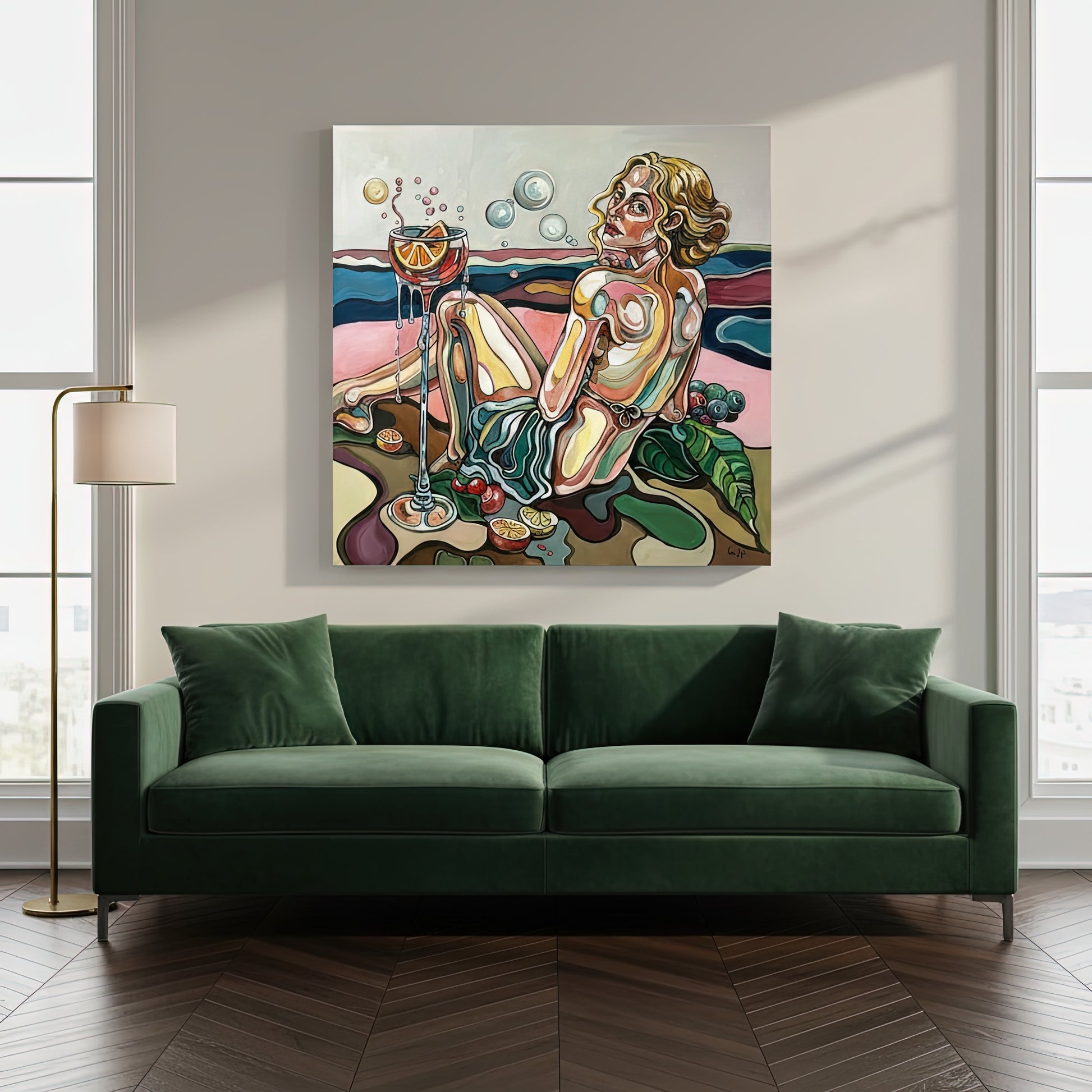 One of a kind female figurative painting by Noemi Safir showing a reclining blonde figure, symbolic still life, lush leaves, and expressive acrylic linework