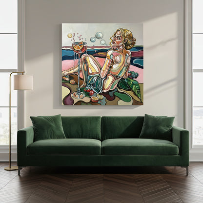 One of a kind female figurative painting by Noemi Safir showing a reclining blonde figure, symbolic still life, lush leaves, and expressive acrylic linework