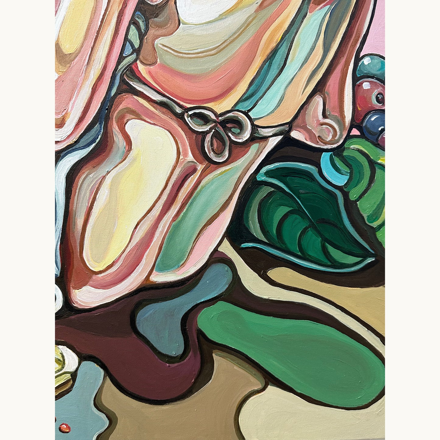 Fine art original by Noemi Safir with a reclining female portrait, tropical leaves, fruit, and layered acrylic brushwork in a surreal figurative composition