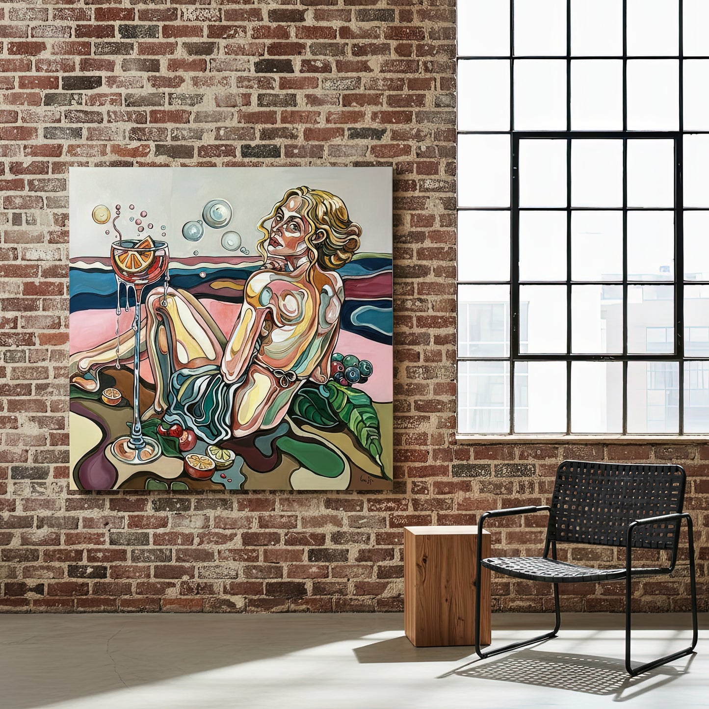 One of a kind original artwork by Noemi Safir showing a blonde woman, pink and blue horizon, and symbolic still life elements in As I Am