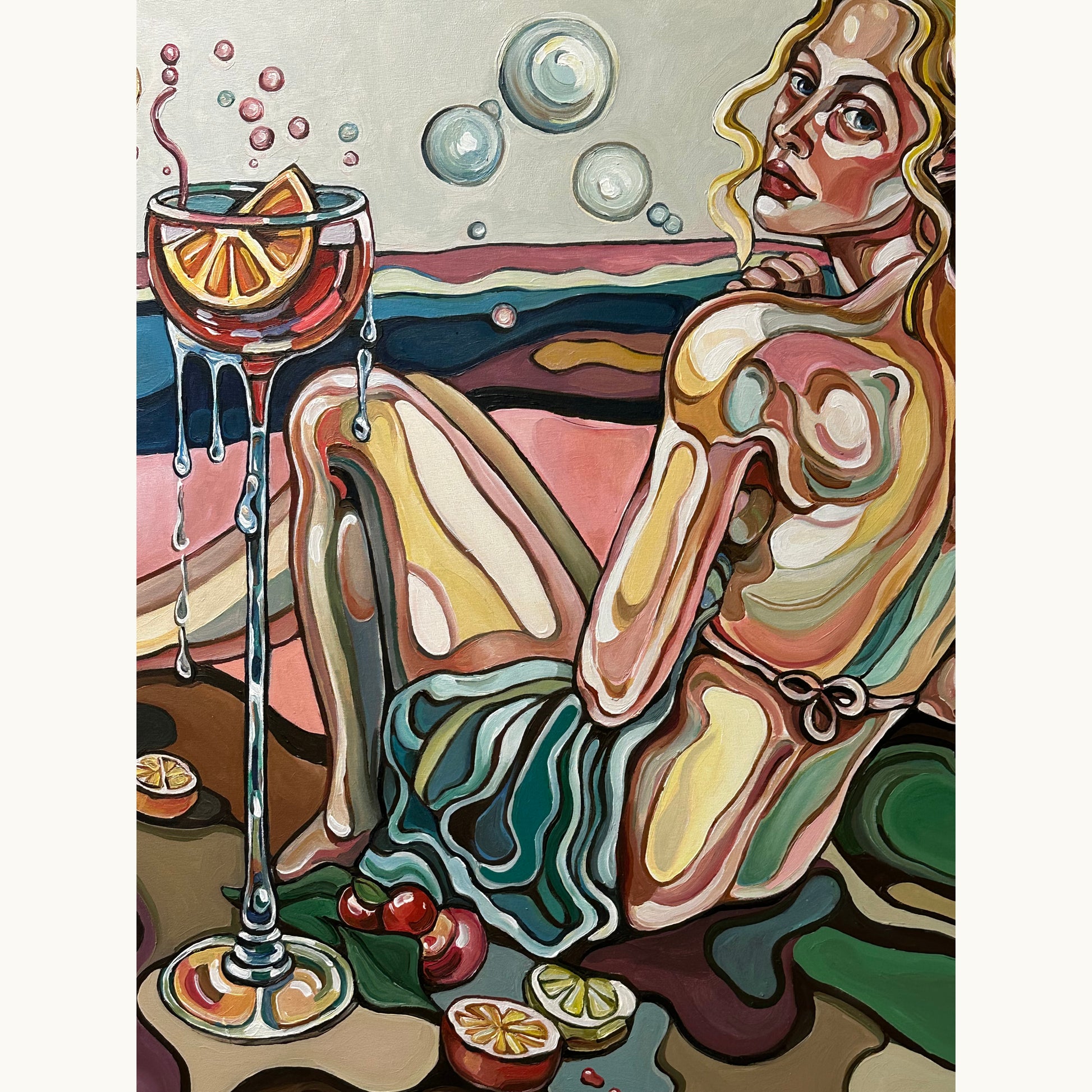 Contemporary figurative painting by Noemi Safir featuring a reclining female figure, citrus glass, floating bubbles, and layered landscape colors