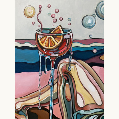 Female figurative artwork by Noemi Safir showing a reclining blonde woman with direct gaze, surreal setting, and rich pink green and blue palette