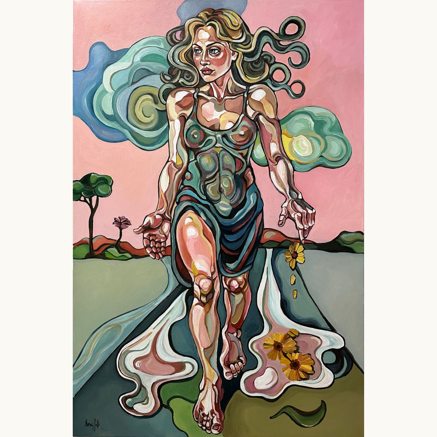 Original painting I am ready now by Noemi Safir, acrylic on canvas with a female figure walking forward through a symbolic landscape
