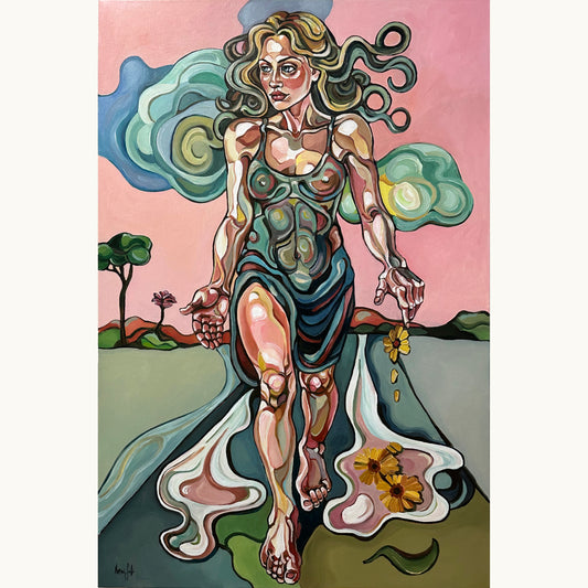 Original painting I am ready now by Noemi Safir, acrylic on canvas with a female figure walking forward through a symbolic landscape