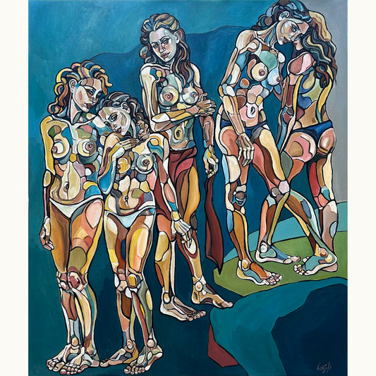 Original painting In the deep blue by Noemi Safir, acrylic on canvas with five female figures gathered in a deep blue setting